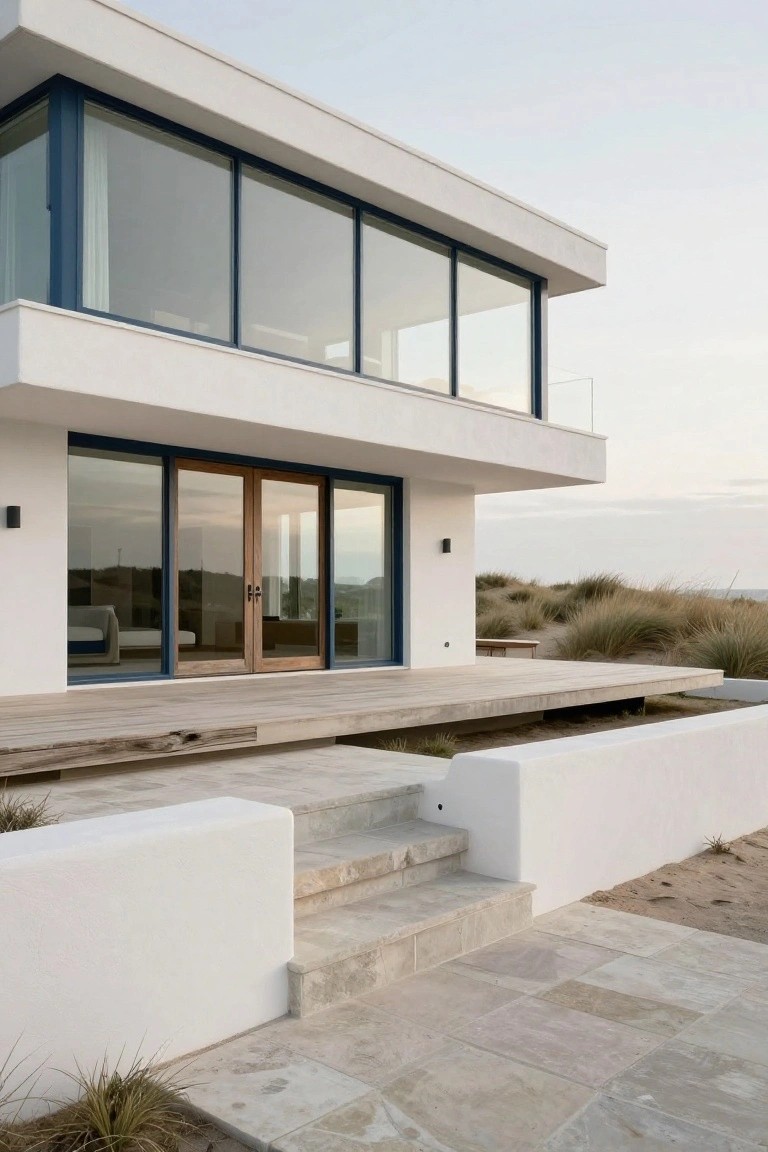 Modern white stucco house exterior featuring large blue-framed glass walls, wooden double doors, elevated wooden deck, steps with beige stone tiles, low white walls, and surrounding sandy dunes with beach grass.