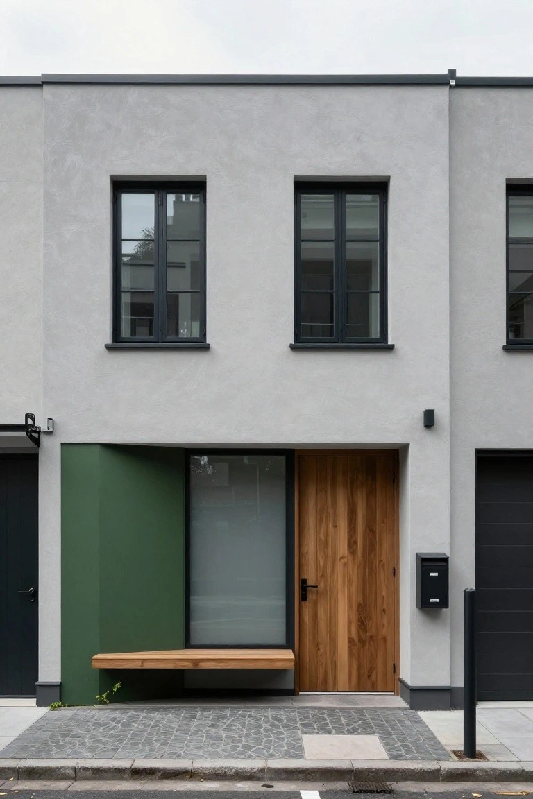 Three-story modern house with light gray rendered walls, a vertical green panel beside the wooden front door and frosted glass sidelight, integrated wooden bench, black-framed windows, and adjacent black garage door on a street with gray paving.
