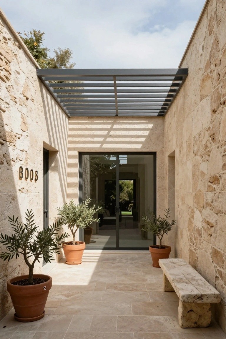 Narrow outdoor entry path flanked by beige stone walls under a black metal pergola, with two potted olive trees, a stone bench, and large sliding glass doors into a home revealing a green yard beyond.