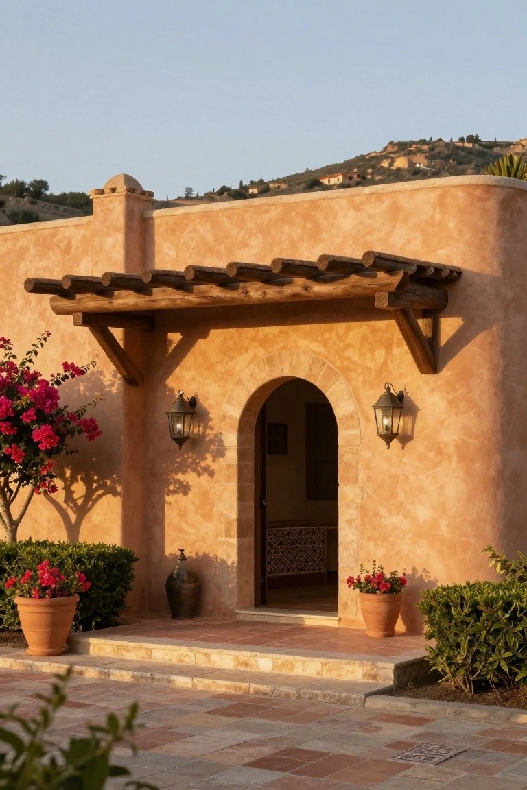 Terracotta stucco house facade featuring an arched wooden door under a wooden beam pergola, with wall lanterns, potted plants, and tiled steps leading to the entry.
