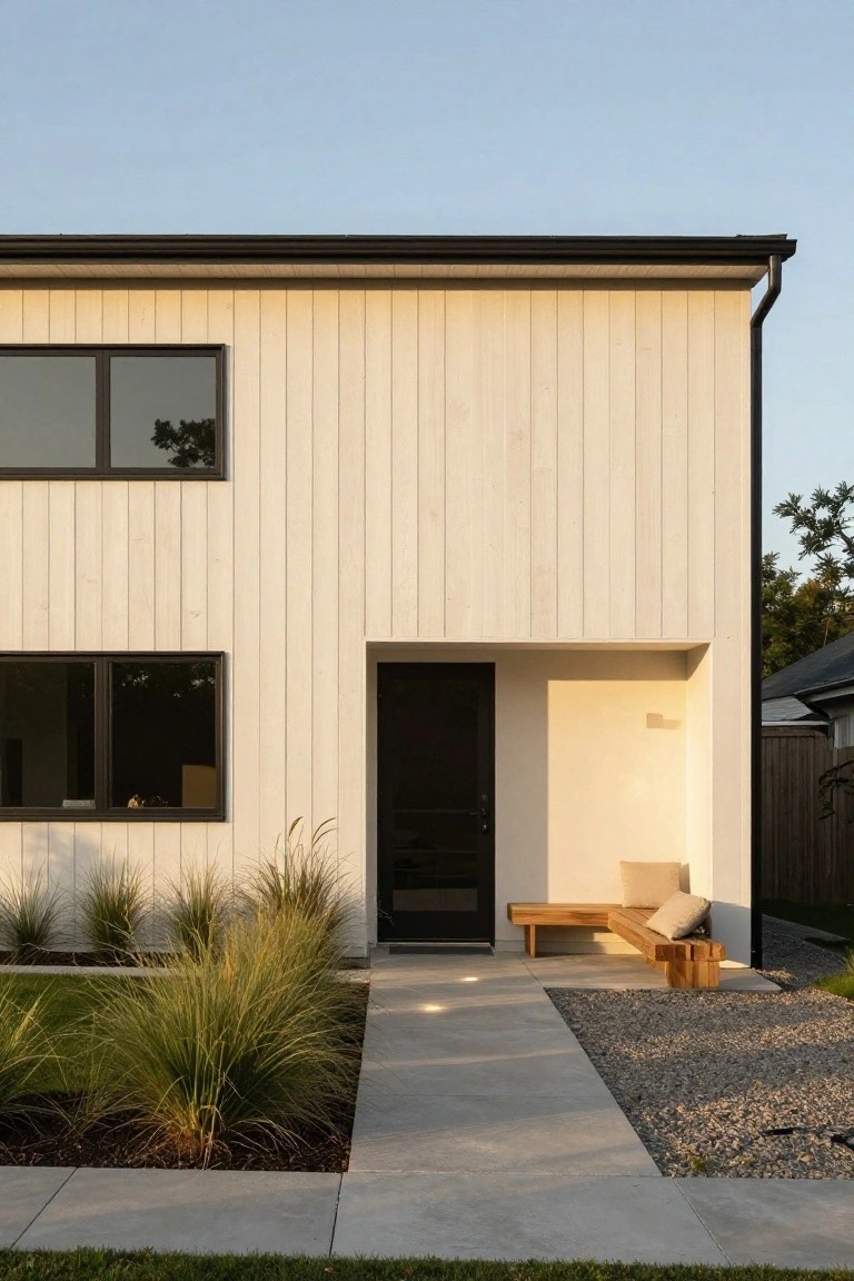 Contemporary house exterior with light vertical wood cladding, black-framed windows and door, wooden bench with beige cushions adjacent to recessed entry, tall ornamental grasses, concrete path, and gravel border.