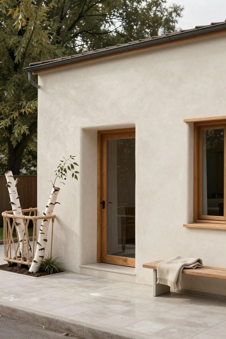 Modern house corner with smooth light beige plaster walls, recessed oak-framed glass door and window, wooden bench draped with a light blanket on a light gray tiled path, rattan basket holding birch branches and a plant nearby, trees and overcast sky in background.