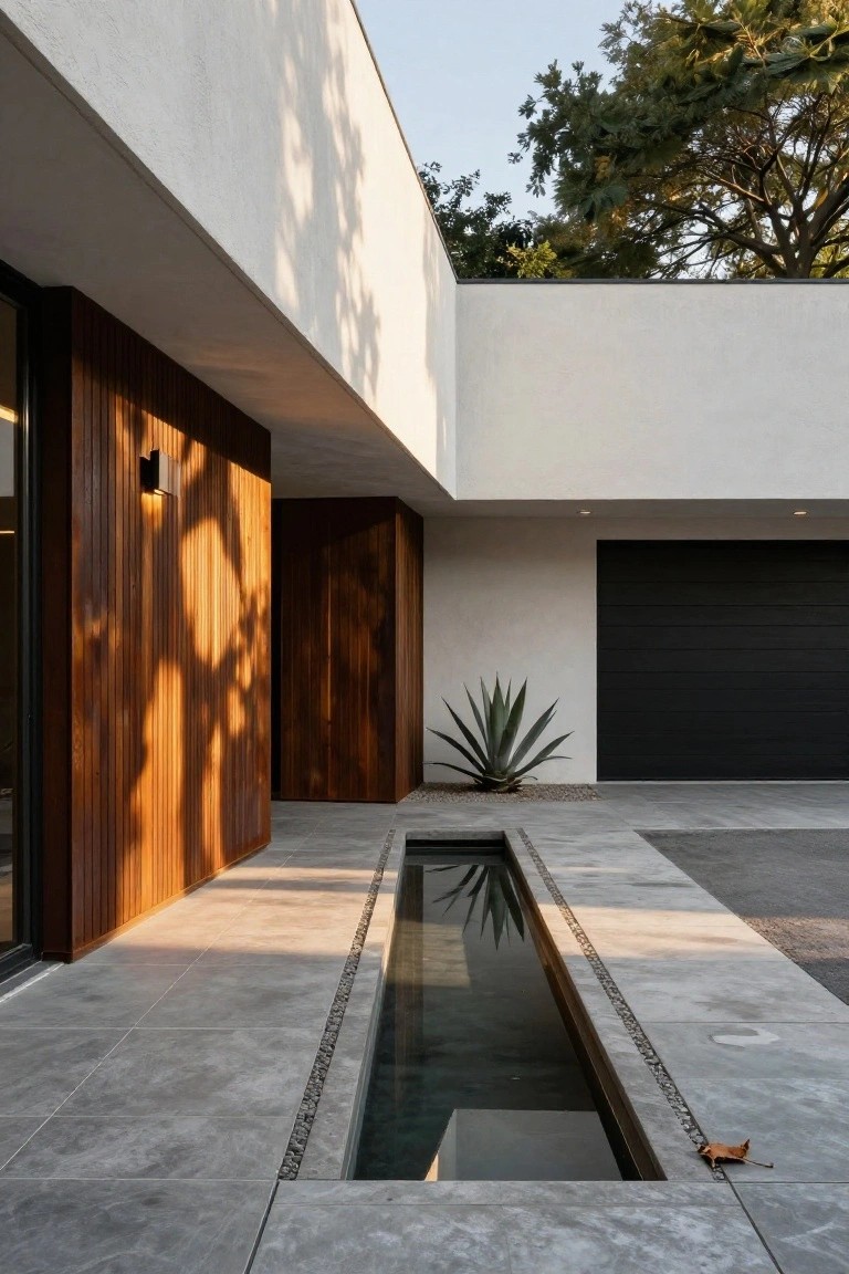 Modern house exterior with white stucco upper walls, dark vertical wood cladding on lower entry wall, black garage door, narrow reflecting pool along grey tiled path, agave plant, and trees in background.
