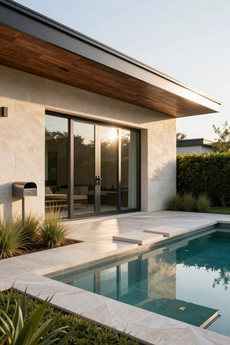 Side view of a modern house exterior with light beige stone walls, large black-framed sliding glass doors, wooden ceiling overhang above a poolside terrace, and drought-tolerant plants along the edge.