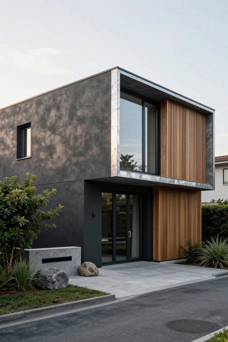 Single-story modern house with gray textured stucco walls, zinc metal accents, vertical timber cladding beside the entry, large glass doors and windows, concrete planter, rocks, shrubs, agave plants, and paved front path.