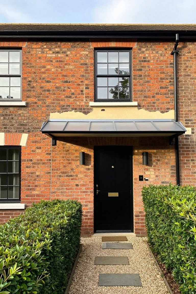 Front exterior of a two-story red brick terraced house with black-framed sash windows, a matte black front door under a dark metal canopy, cylindrical black wall lights, trimmed green boxwood hedges, and a gravel path with stone steps leading to the entrance.