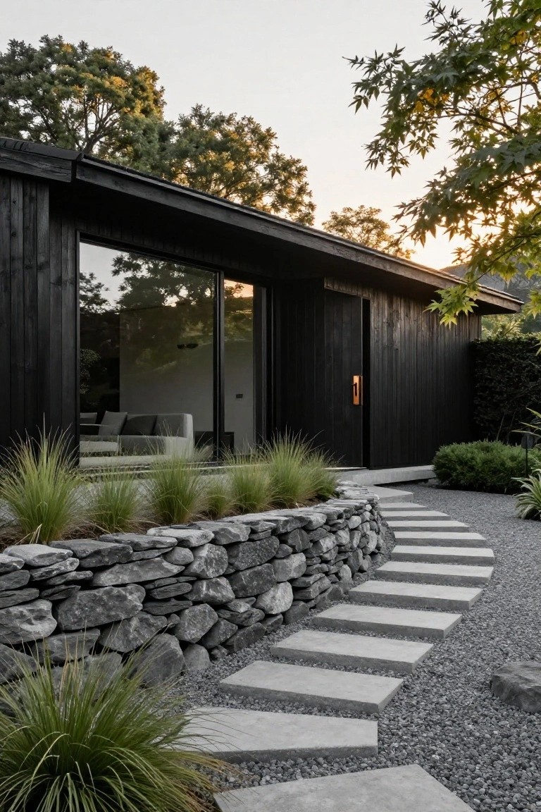 Modern house exterior clad in black charred timber with a large reflective glass window, dark wood door, concrete entry steps, gravel path, dry-stacked stone retaining wall, and clumps of ornamental grasses.