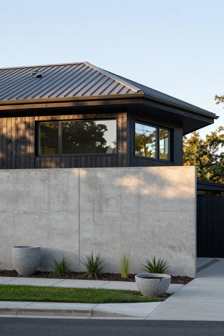 Modern house exterior with dark timber cladding, large corner window, gray metal roof, tall adjacent concrete wall, two large pebble-textured pots with grasses, and a narrow lawn strip along a concrete driveway and street curb.