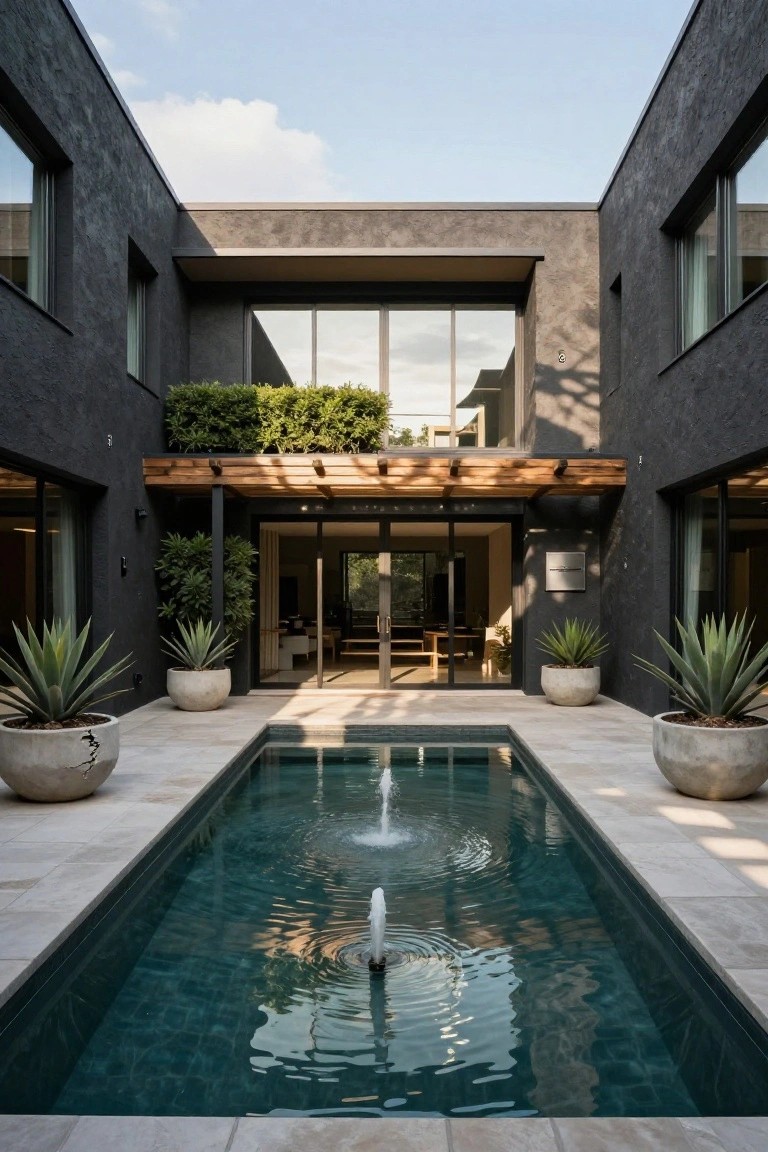Narrow rectangular pool with central fountain in a courtyard patio between black stucco house walls, large white pots with agave plants on tiled flooring, wooden pergola over glass entry doors, and greenery on upper levels.