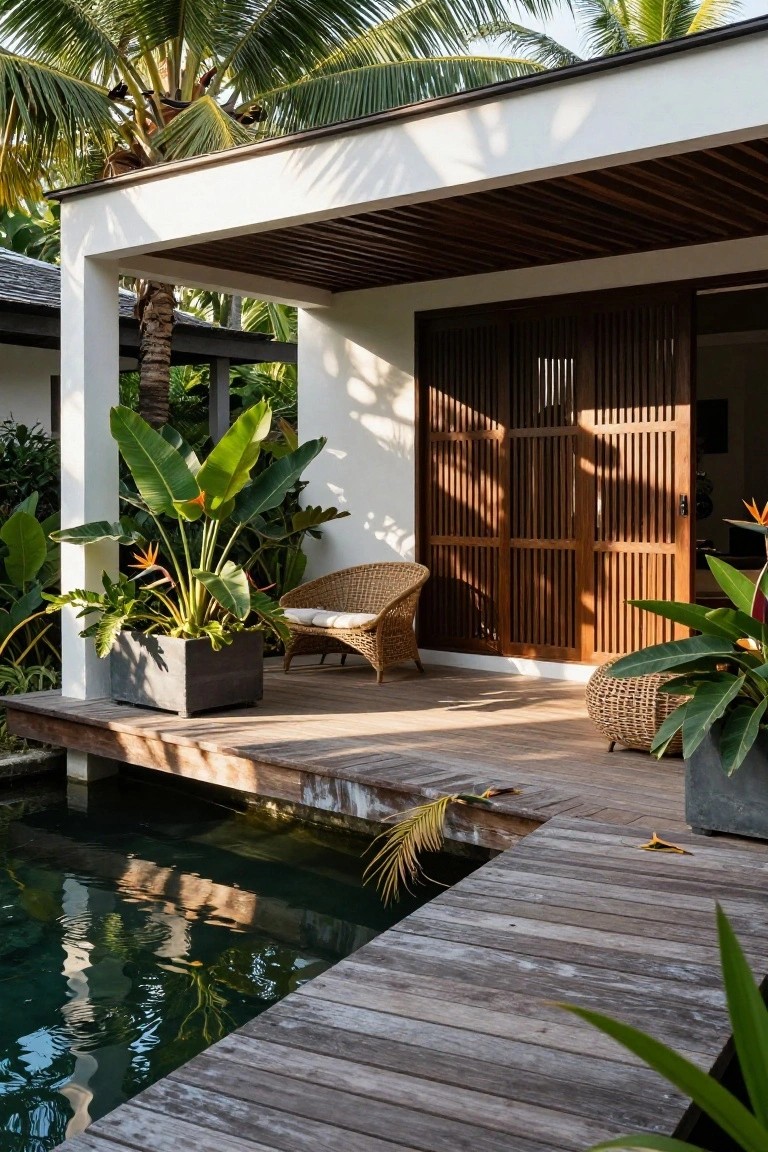 Modern white house exterior with dark wooden slatted sliding doors on a covered terrace, rattan chair, potted tropical plants including bird of paradise, and weathered wooden deck extending to a green pool amid palm trees and greenery.