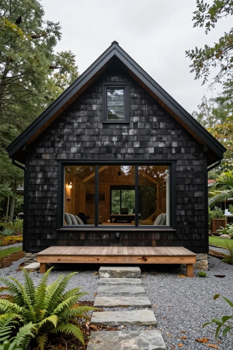 Small gable-roofed house clad in dark shingles with large front windows revealing wooden interior, wooden deck platform, stone steps, gravel ground, ferns, and surrounding trees.