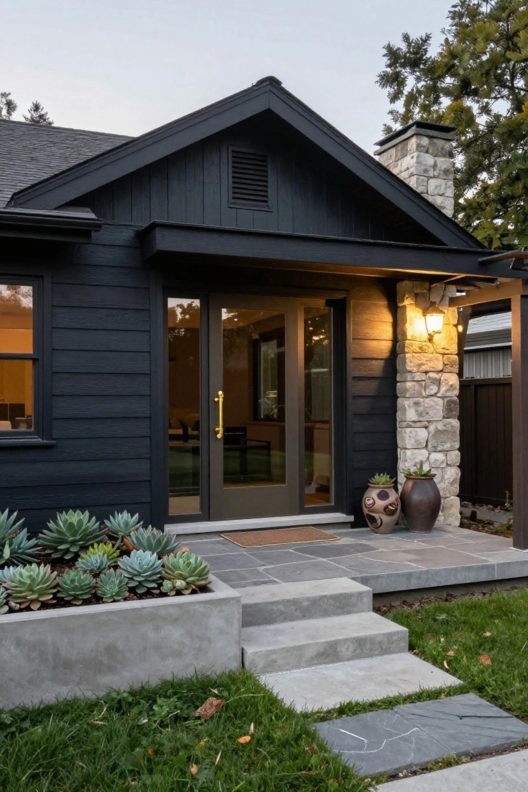 Black-sided house with gabled dark roof, stone chimney and pillar, glass entry doors, concrete steps and raised planter with agave succulents, leading to a grassy yard.