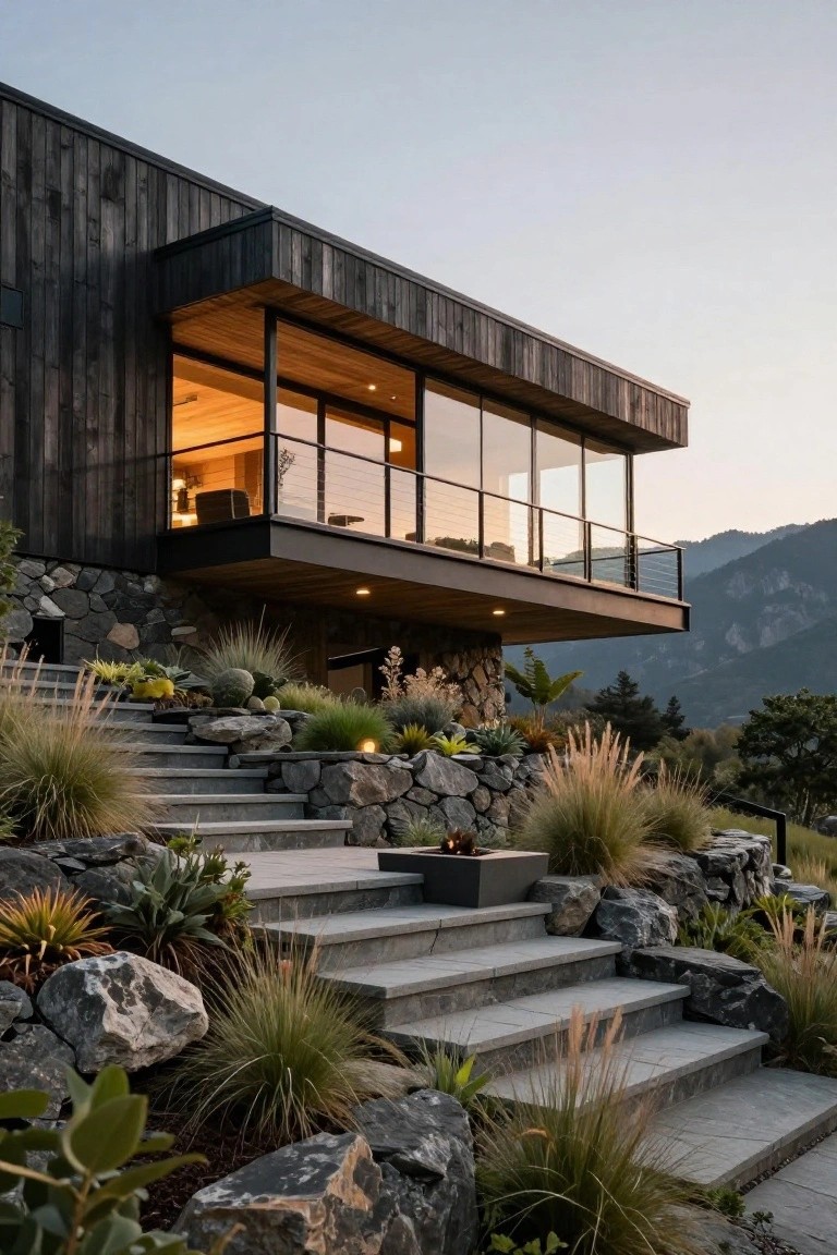 Modern two-story house exterior with black vertical wood cladding, cantilevered upper level featuring large glass walls and balcony, stone base, concrete stairs integrated with rock retaining walls, drought-tolerant grasses and plants, and mountain backdrop at dusk.