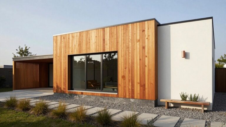Modern two-story house exterior with vertical light wood siding on the projecting left section, white stucco on the right with black-framed windows and entry door, gravel yard with paver path, grasses, and bench.