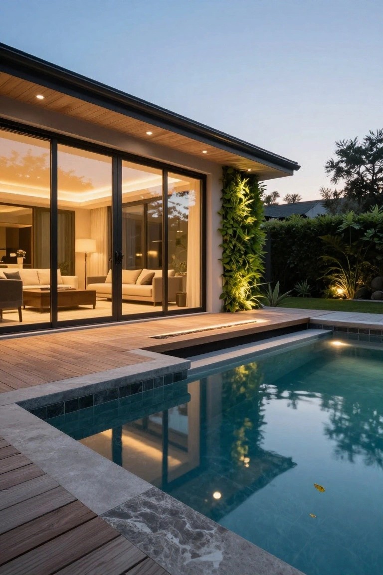 Modern house side exterior with floor-to-ceiling glass doors next to a vertical green wall, wooden deck featuring a linear fire pit, and rectangular turquoise pool with stone edging at dusk.