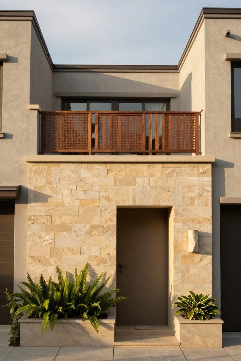 Modern two-car garage house facade with beige stone cladding around the dark entry door and garage doors, flanked by large ferns in stone planters, stucco upper walls, and a wooden balcony above.