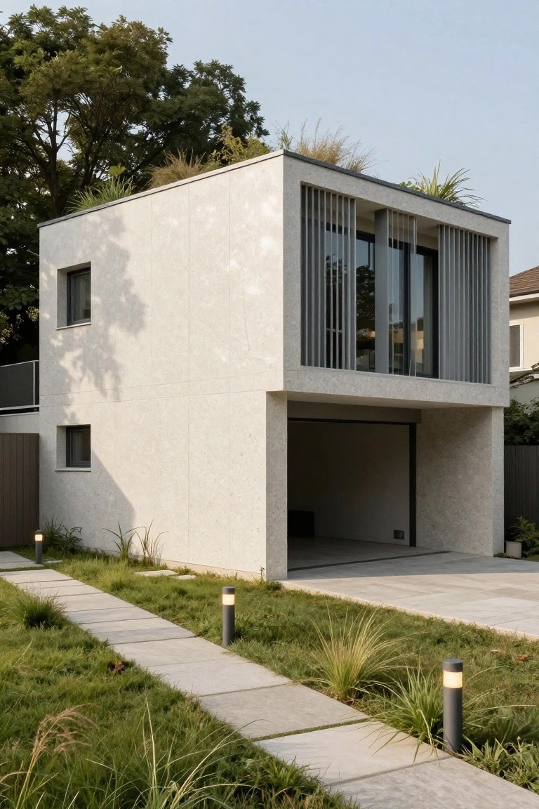 Modern two-story house with white textured plaster walls, gray vertical louvers screening upper glass windows, open garage below, green roof vegetation, side wooden cladding, and front concrete path lined with grasses and cylindrical lights.
