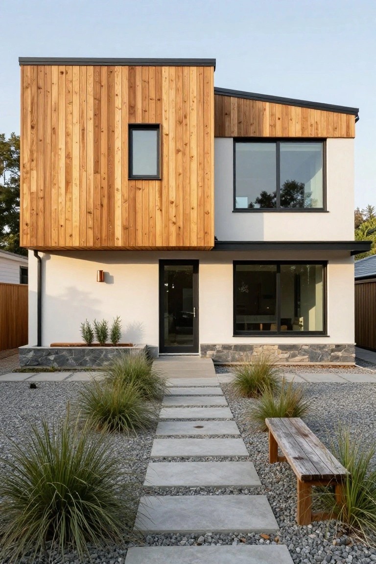 Modern two-story house exterior with vertical light wood siding on the projecting left section, white stucco on the right with black-framed windows and entry door, gravel yard with paver path, grasses, and bench.