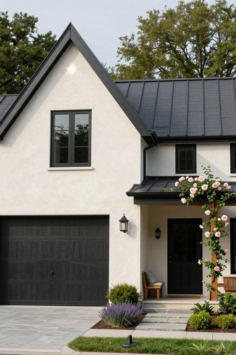 White stucco house exterior featuring black metal roof, black-framed windows and doors, black garage door, and pink climbing roses on a porch with wooden bench.