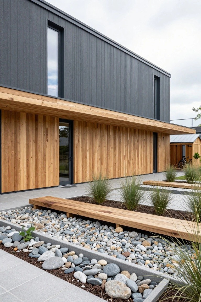 Modern two-story house exterior featuring dark vertical wood cladding on the upper facade, warm horizontal wood siding on the lower level and overhanging roof, a glass entry door, wooden benches, and gravel planters with ornamental grasses.