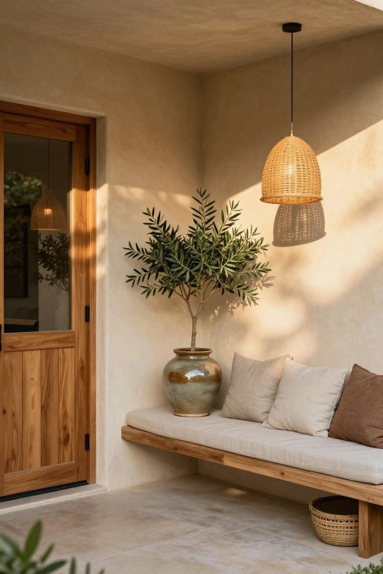 Beige stucco porch wall with wooden double doors, large olive tree in green-glazed pot, hanging rattan pendant light, built-in wooden bench with beige and brown cushions, woven basket underneath, and tiled floor.