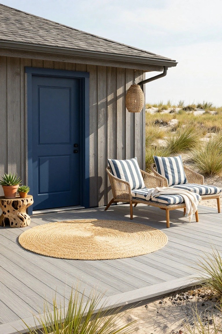 Weathered wood cabin with blue front door on gray deck porch, two rattan lounge chairs with white and blue striped cushions and beige throw, seagrass rug, potted plants on driftwood stool, beach grass and sand dunes nearby.