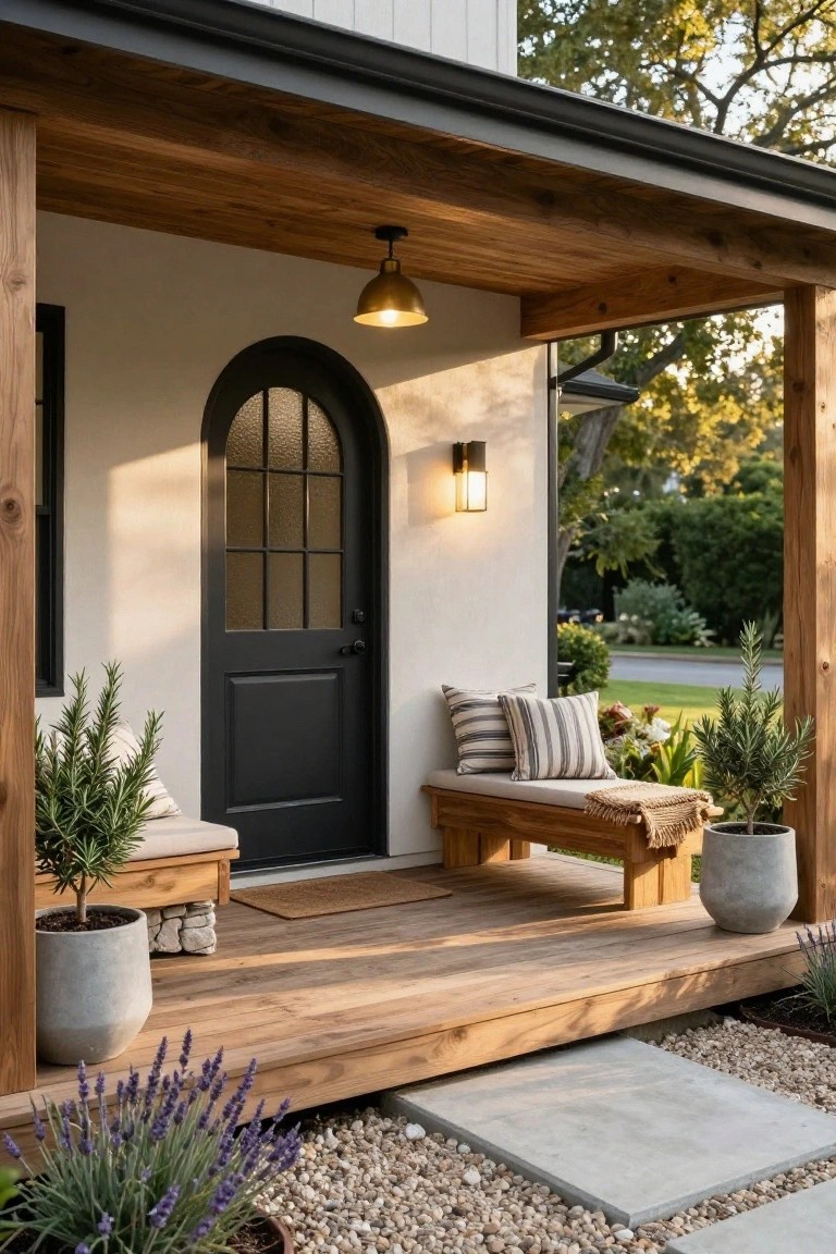 White stucco house with black arched glass front door on a wooden porch featuring built-in bench with cushions and pillows, potted plants including rosemary and lavender, pendant light, wall sconces, doormat, and steps to gravel path.