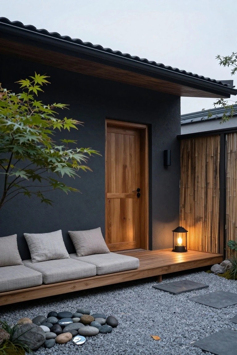 Dark exterior wall of a modern house with wooden entry door, low wooden porch platform holding three beige cushions, gravel ground with arranged rocks and stepping stones, lit lantern, Japanese maple tree, and bamboo fence nearby.