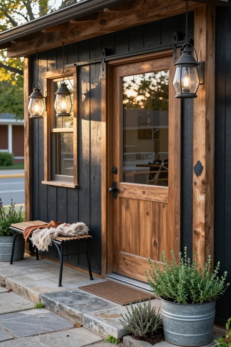 Small dark vertical board-and-batten wooden structure with a large sliding natural wood door, adjacent glass window, hanging black metal lantern lights, front porch bench with cushions and throw blanket, potted plants in galvanized buckets, and stone steps.