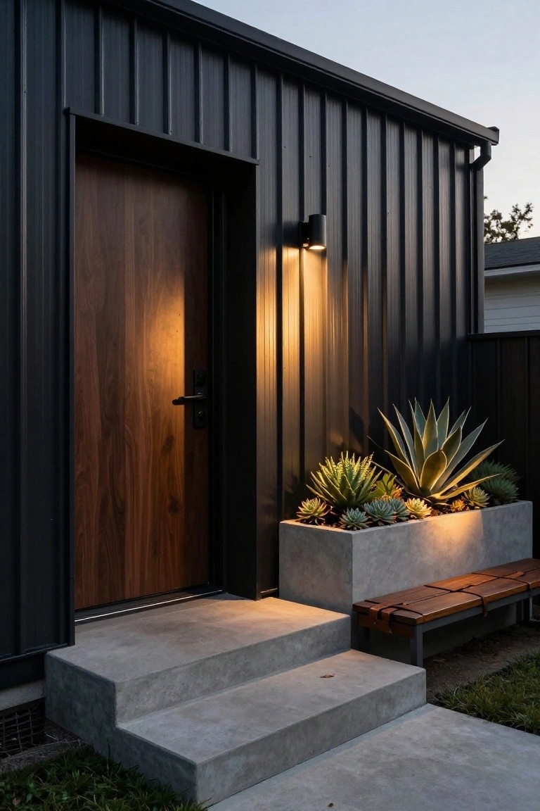 Black corrugated metal siding on a house exterior with a recessed wooden front door illuminated by two black wall-mounted lights, concrete steps and landing, large concrete planter box filled with succulents including agave plants, and a wooden slat bench with leather straps on the landing.