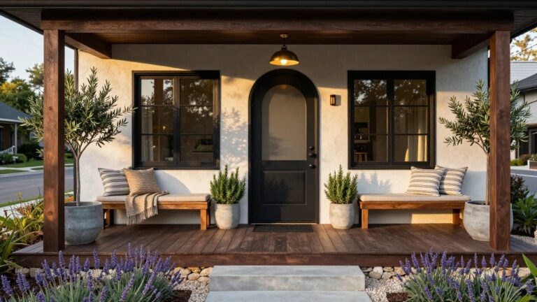 15 Modern House Exterior Front Porch Ideas That Welcome Warmly White stucco house with black arched glass front door on a wooden porch featuring built-in bench with cushions and pillows, potted plants including rosemary and lavender, pendant light, wall sconces, doormat, and steps to gravel path.