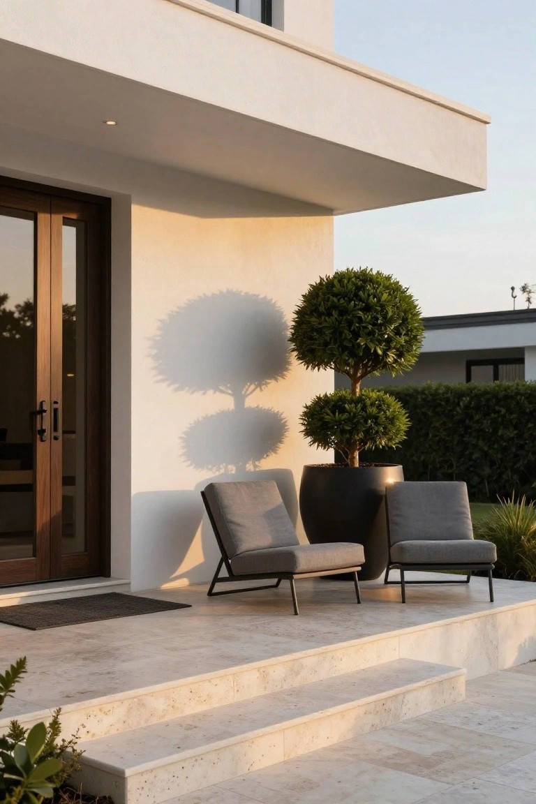 Modern white stucco house front porch with wooden double doors, two gray angled lounge chairs, large black pots holding spherical topiary trees, and light stone steps leading down.