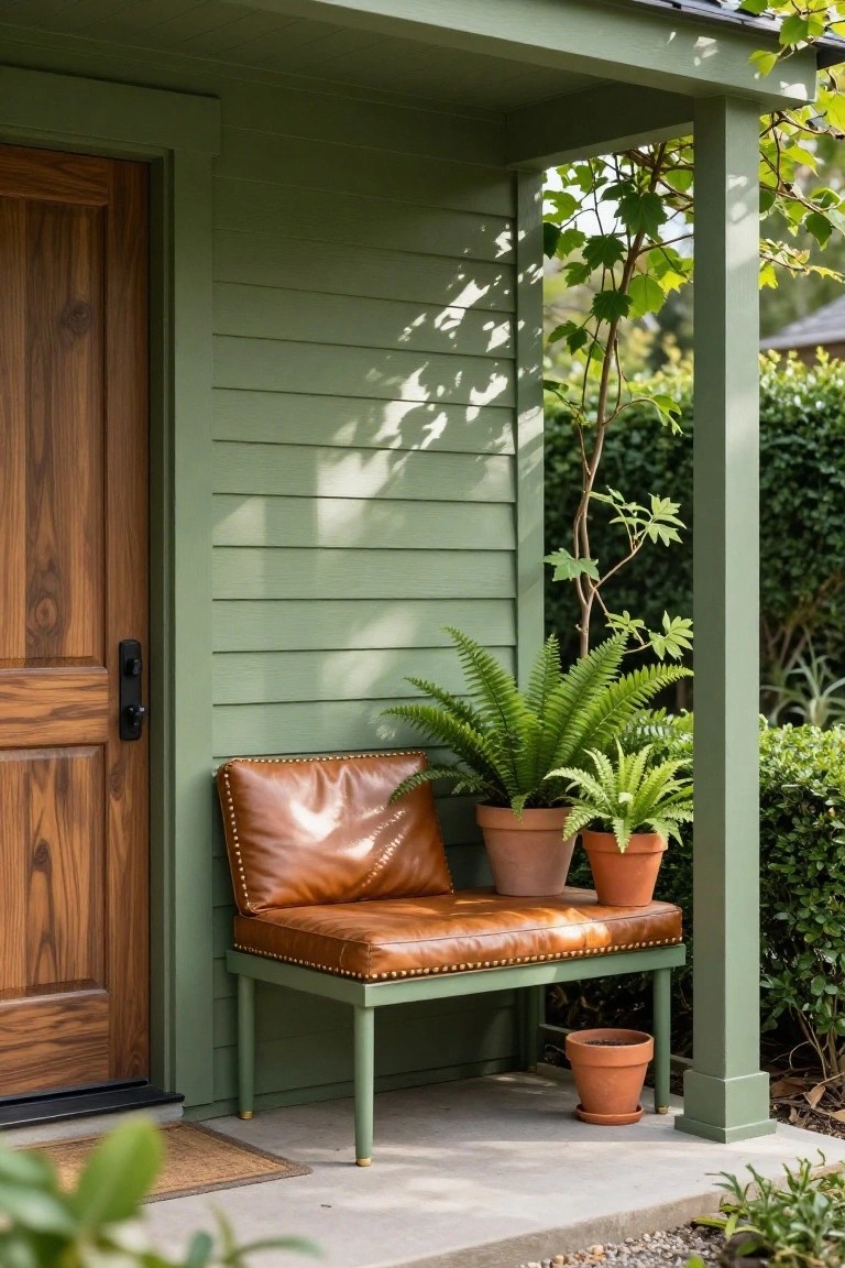 Green bench with brown leather cushion and potted ferns beside a wooden door.