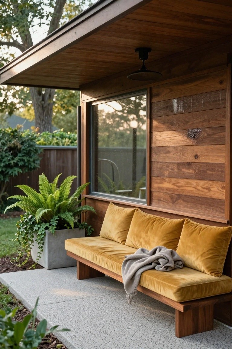 Wooden-covered porch with low bench upholstered in yellow velvet cushions and gray throw blanket, potted fern plant nearby, large window in wood-clad wall, concrete flooring, greenery and trees in background.