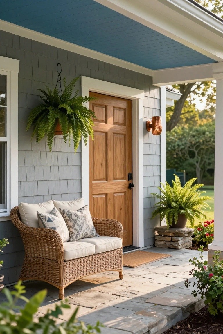 Gray shingle siding house with blue porch ceiling, mahogany wood front door, wicker loveseat with cushions, hanging and potted ferns, copper lantern, and stone steps on the porch.
