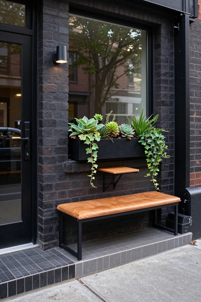 Black brick house exterior featuring a glass entry door, large window, wall-mounted cylindrical light, black window box planter with succulents, ivy, and ferns, small wooden shelf, and tan leather bench on black metal frame on tiled porch area.