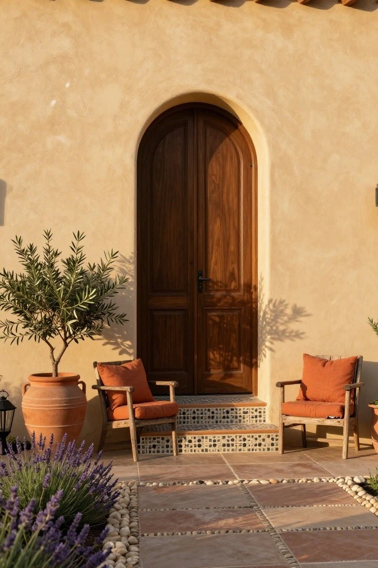 Beige stucco wall with dark wood arched double door, two wooden chairs with orange cushions on tiled steps in front, terracotta pots holding olive tree and lavender plants, pebble border around patio pavers.