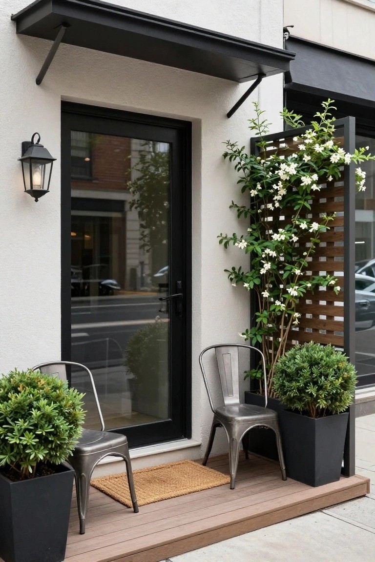 Front porch of a white stucco building with black awning, glass entry door, lantern light, two metal chairs flanking potted boxwood shrubs, climbing white flowers on slatted metal screen, and wooden deck with doormat.