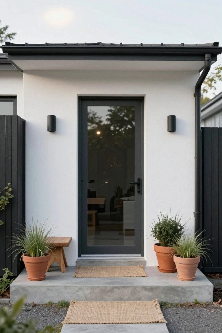 Modern white house exterior front porch with central black-framed glass door, black wall lights, concrete steps with two seagrass mats, left side tall grass in terracotta pot next to wooden stool, right side two terracotta pots with shrub and tall grass, black fence and downspout.