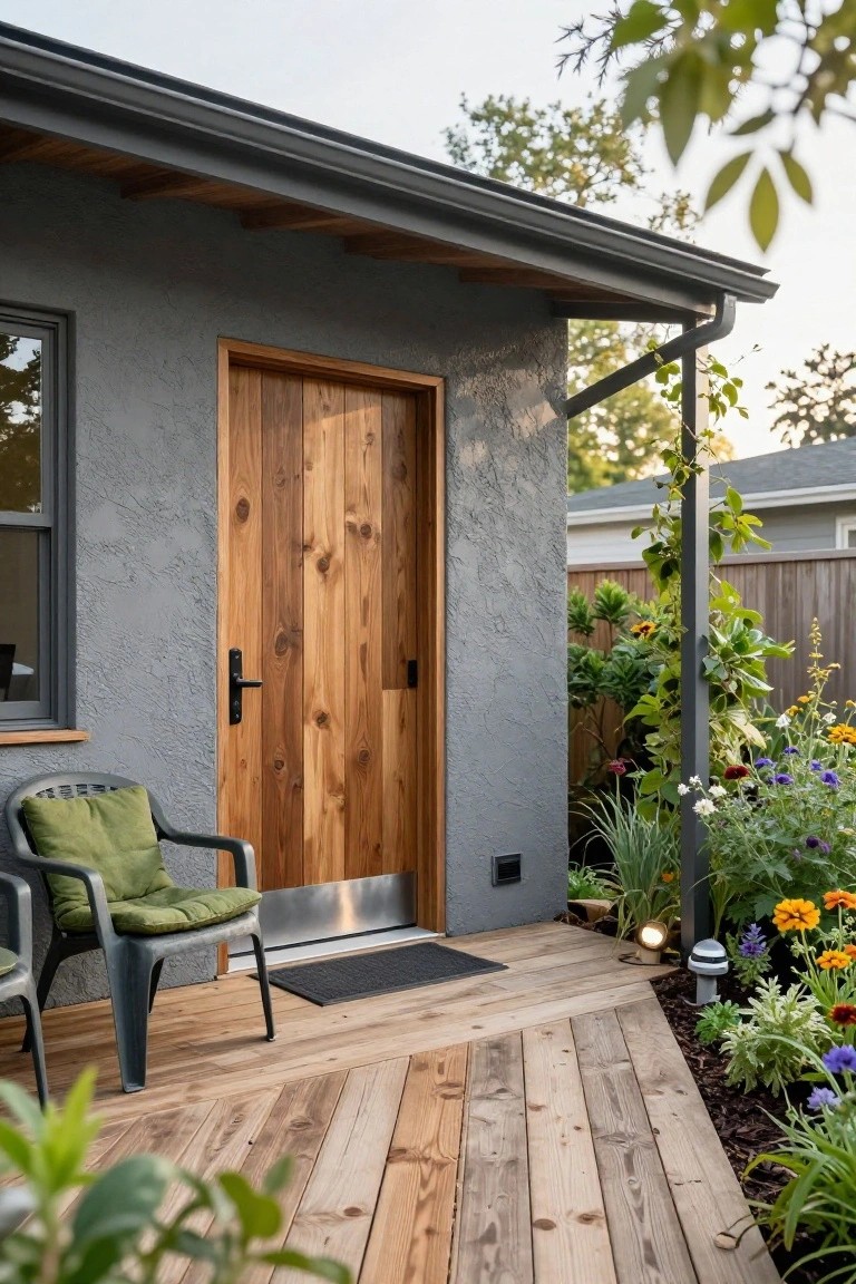 Gray stucco wall of a small house or ADU with a tall wooden front door, narrow wooden deck porch holding a green cushioned chair and doormat, and garden plants with flowers along the border.
