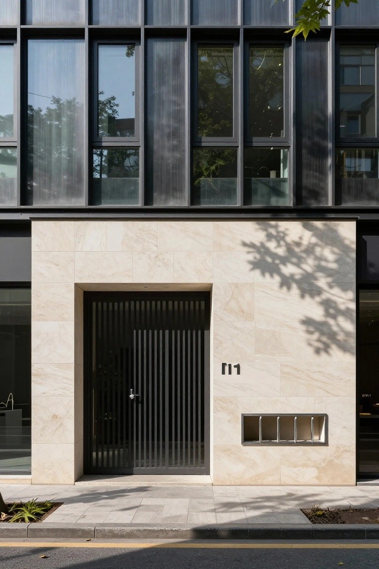 Multi-story modern building exterior with dark metal-framed windows and a black vertical bar gate entrance numbered 11 set into light beige stone cladding, small plants at the base, and trees casting shadows nearby.