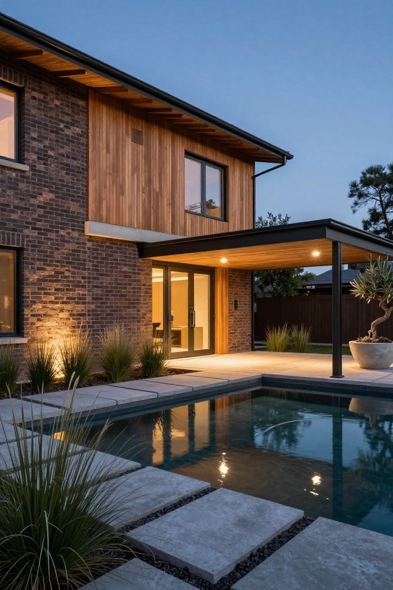 Modern house exterior at dusk with dark brick lower walls, vertical wood cladding on upper sections, black-framed windows, a covered wooden patio with glass doors, concrete stepping stones leading to an L-shaped pool, ornamental grasses, and potted plants.