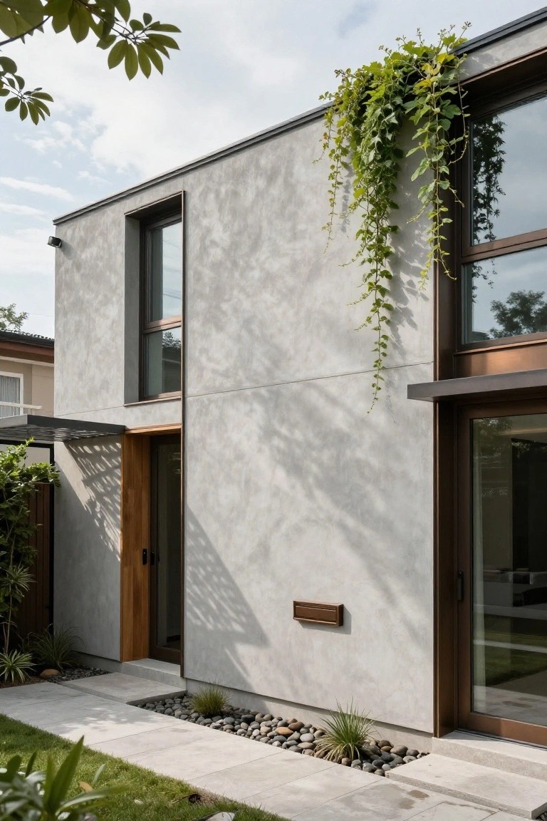 Side exterior view of a two-story modern house with light gray stucco walls, climbing green ivy on the upper corner, a wooden entry door under a metal canopy, bronze-framed glass windows, and low landscaping with pebbles and grasses along the base.