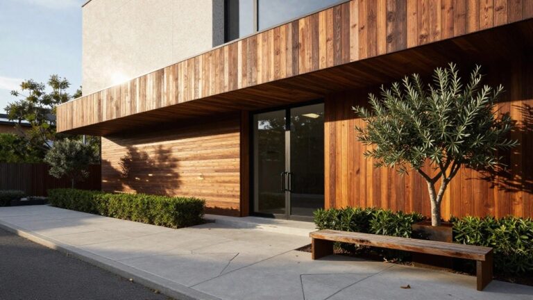 12 Modern House Exterior Front View Inspiration for Curb Appeal Modern house exterior with vertical dark wood cladding on upper walls and overhang, light plaster lower walls, black-framed glass entry doors, olive tree in rusted metal planter, wooden bench, and concrete patio steps.