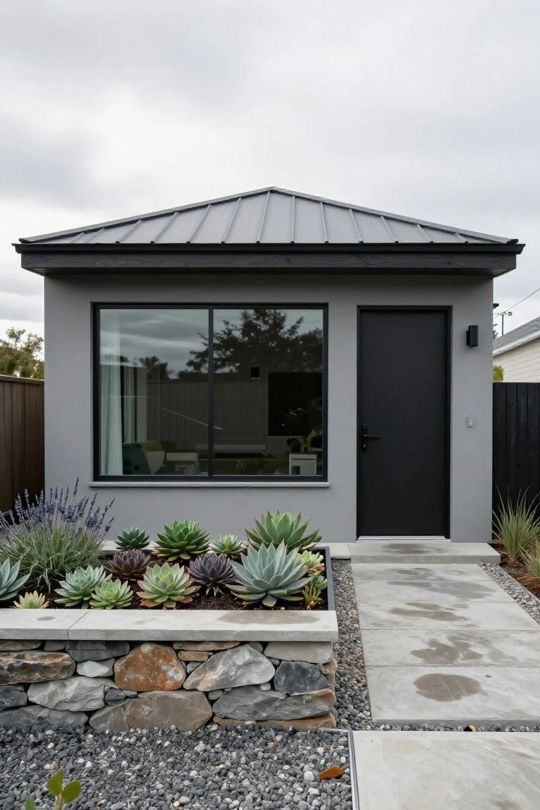 Small modern gray house with standing-seam metal roof, large black-framed window, black front door, raised stone retaining wall planter filled with succulents and agaves, gravel mulch, and concrete entry path.
