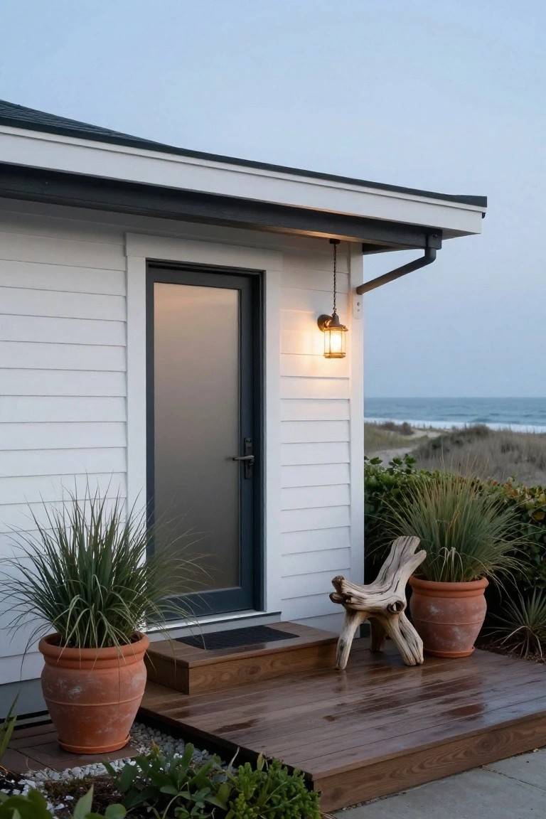 White shiplap-sided house exterior featuring a tall black-framed frosted glass front door, wall lantern, potted grasses, driftwood chair on wooden deck steps, with beach dunes and ocean visible beyond.