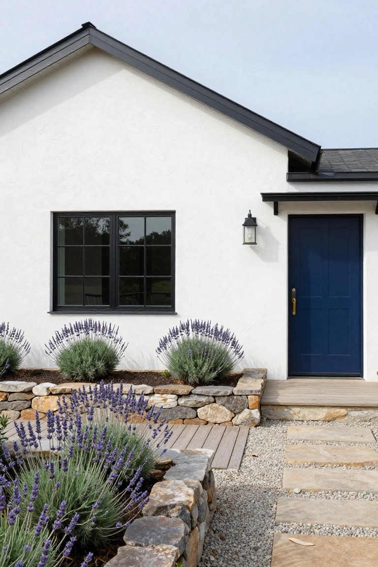 White stucco house exterior featuring a black-framed grid window, navy blue paneled front door with brass knob, wall lantern light, lavender shrubs in stone-edged beds, wooden entry steps, gravel path, and stone slabs.