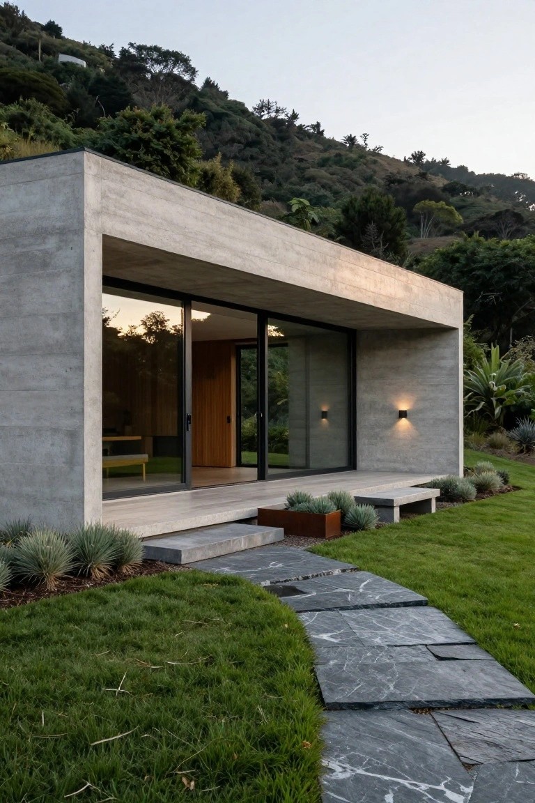 Modern house exterior with textured concrete walls, large sliding glass doors open to a wooden bench inside, flanked by agave plants, a stone pathway, and surrounding green lawn and hillside vegetation at dusk.
