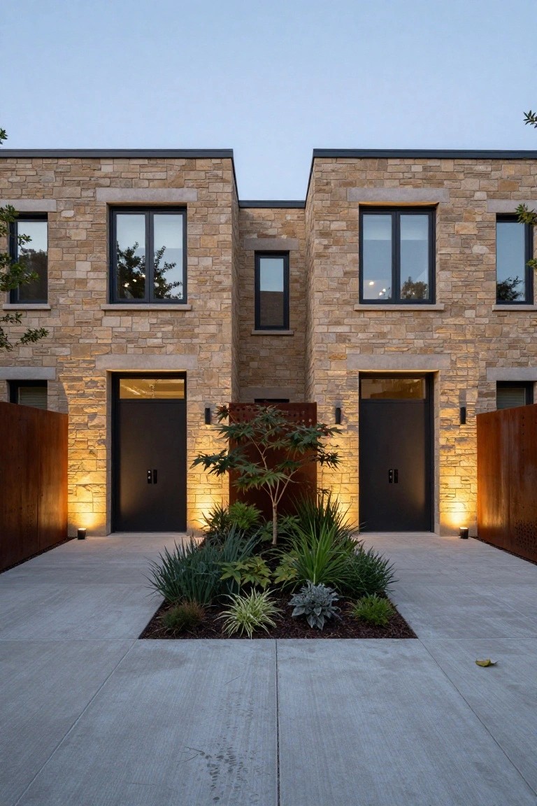 Dusk view of two symmetrical modern townhouses with beige stone brick facades, black-framed windows and doors, corten steel side walls, central succulent garden bed, and uplighting on a concrete entry path.