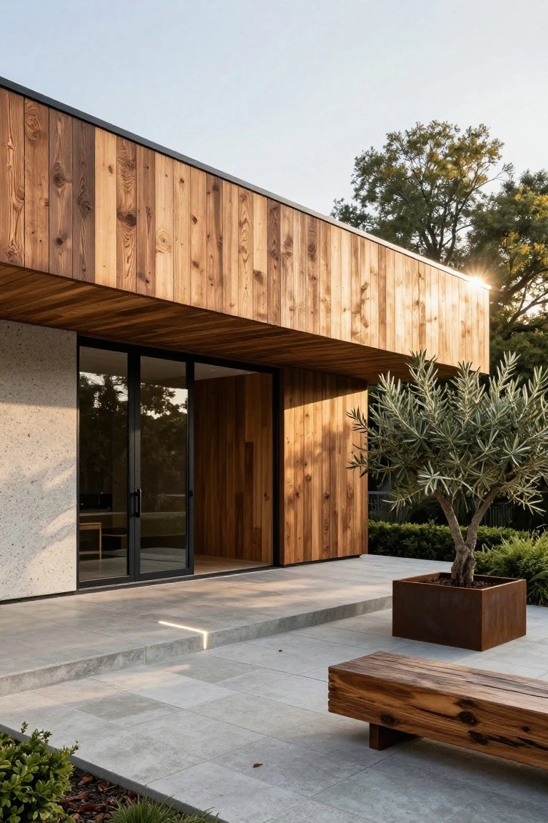 Modern house exterior with vertical dark wood cladding on upper walls and overhang, light plaster lower walls, black-framed glass entry doors, olive tree in rusted metal planter, wooden bench, and concrete patio steps.
